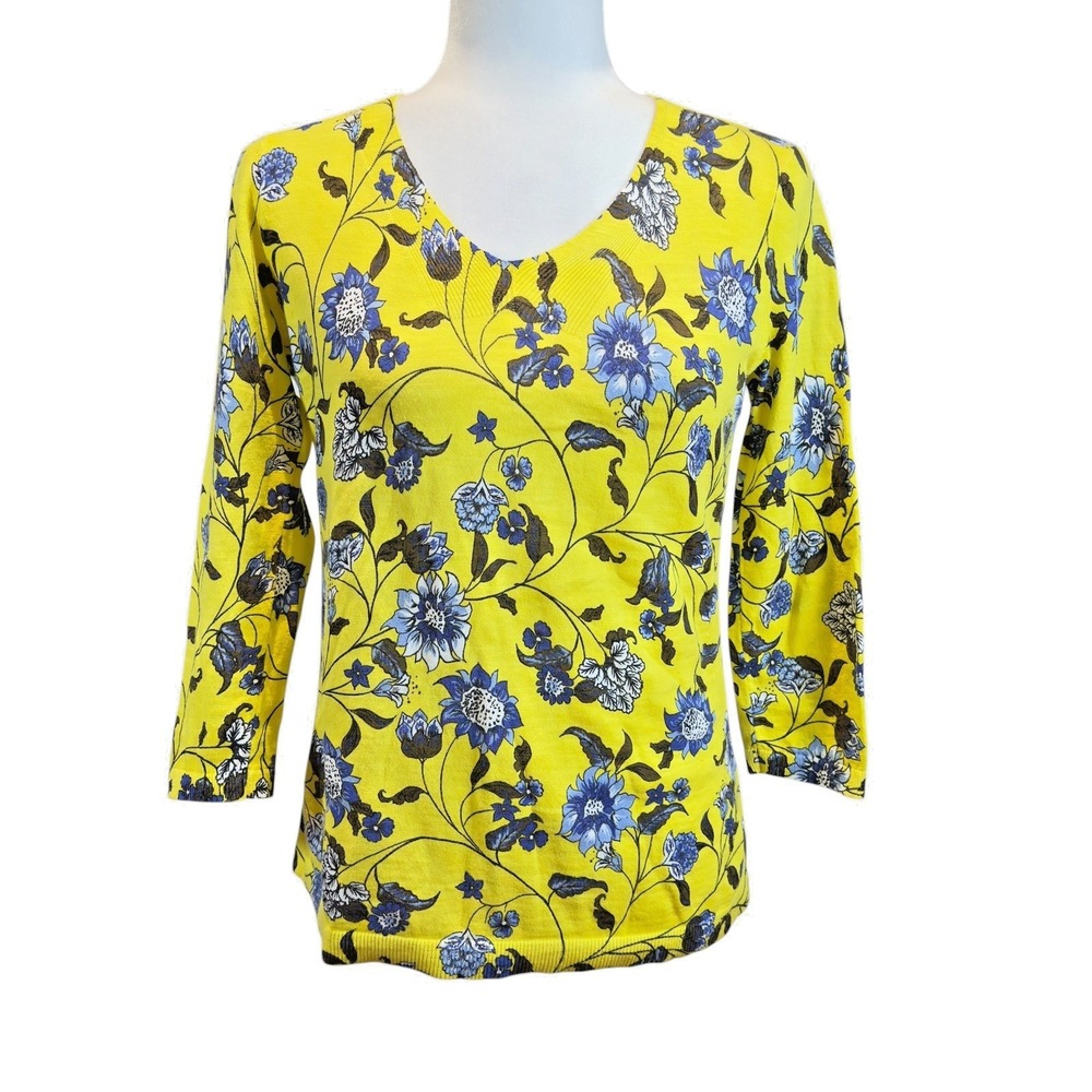Talbots Yellow Blue Floral Top PS Slub Knit Coastal Euro Summer Botanical Garden
